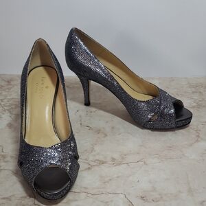 Kate Spade Silver Glitter Peep Toe Heels Size  7